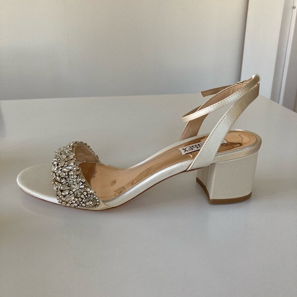 Badgley Mischka Block Heels, Ivory Satin - Picture 5 of 8